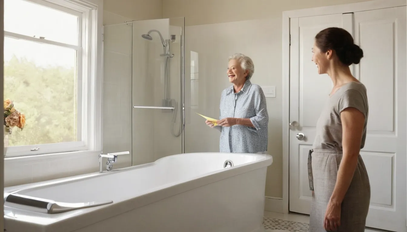 A smiling older homeowner sitting beside a walk-in tub in a bright bathroom in Parma